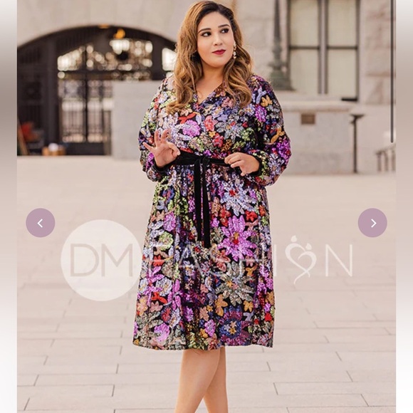 Shop DM Danica Floral Sequin Dress SZ Large - Picture 1 of 5